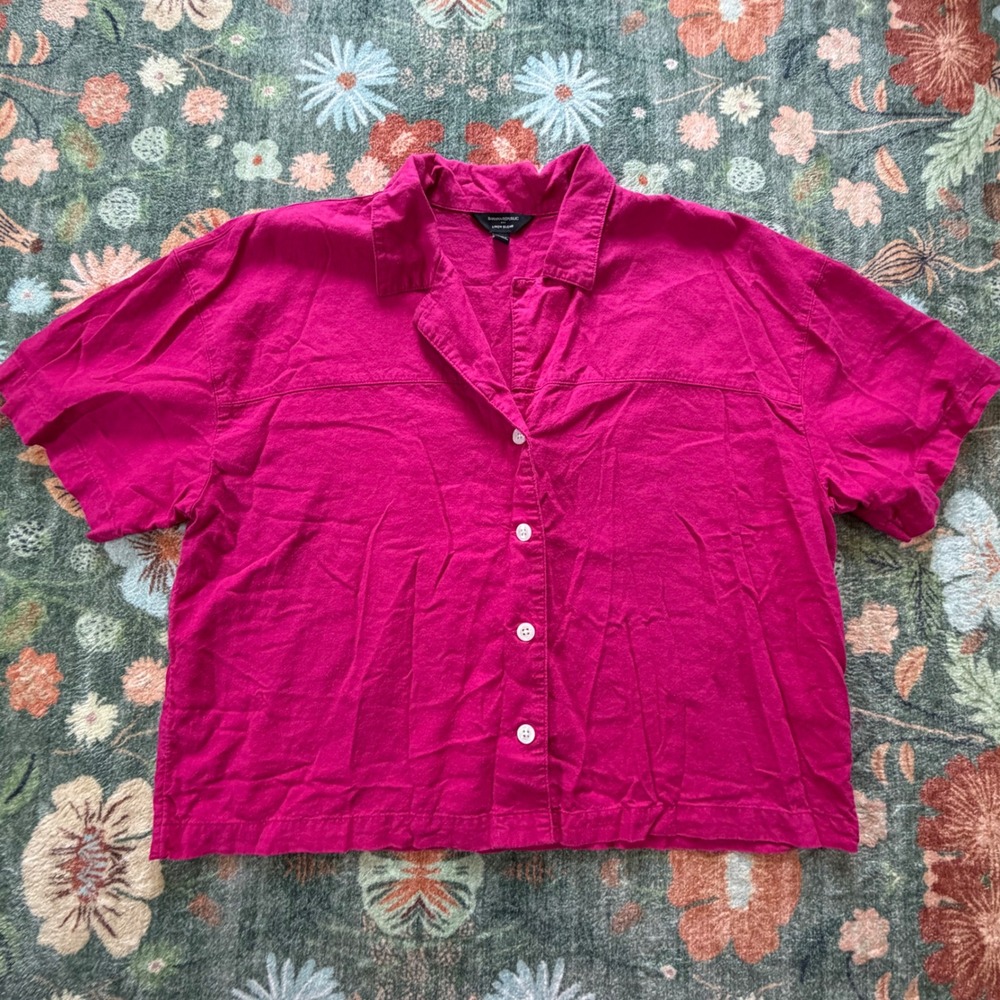 Banana Republic Magenta Pink Linen Blend Short Sleeve Button Up Shirt Large